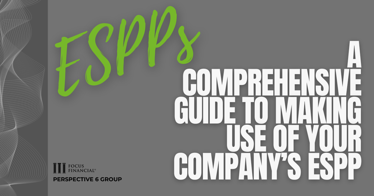 Cover image for article with gray background and a wave pattern graphic on the far left. Wording stating ESPPs in green cursive and A Comprehensive Guide to Making Use of Your Company's ESPP in bold white capitals.