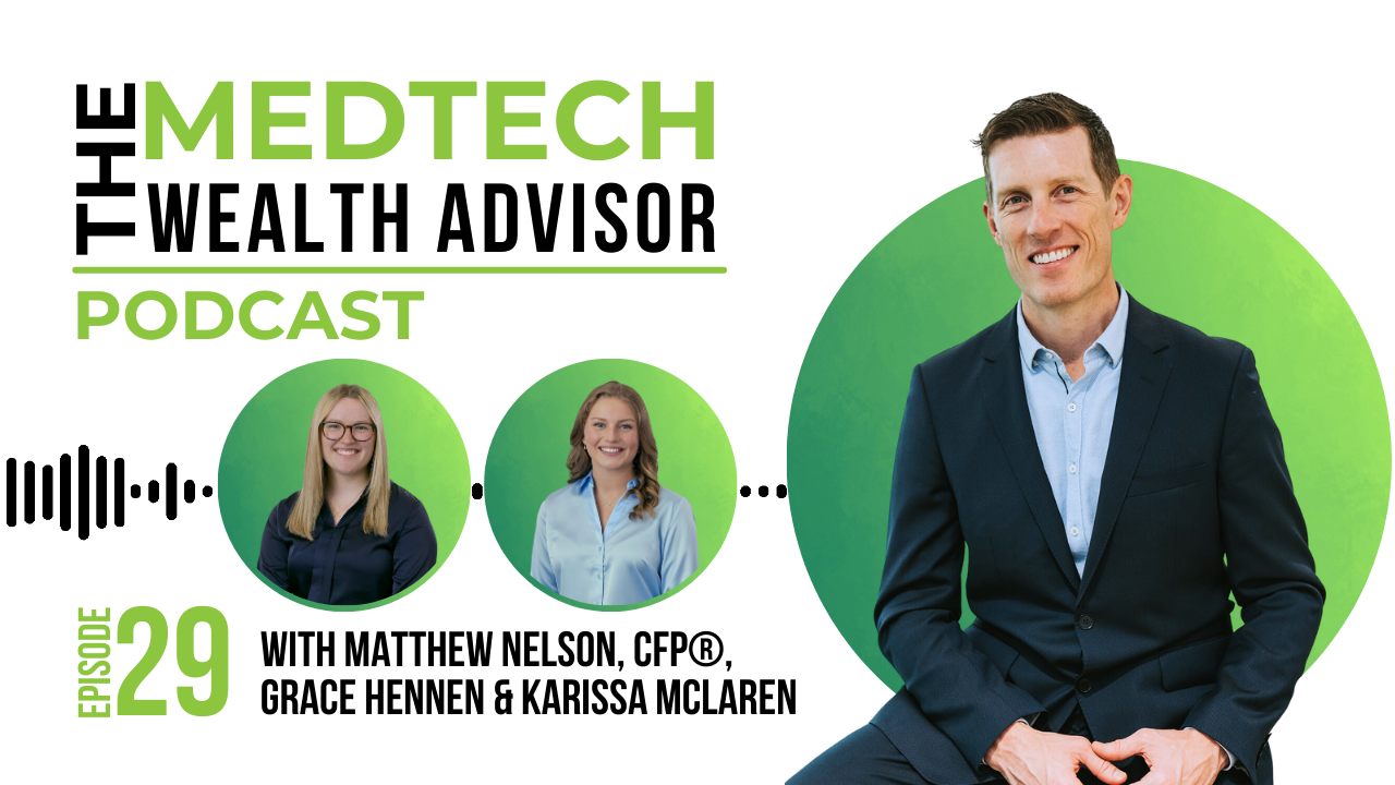 The MedTech Wealth Advisor Podcast Graphic with Matt Nelson, Karissa McLaren & Grace Hennen for Episode 29: Young Careers in Financial Advising