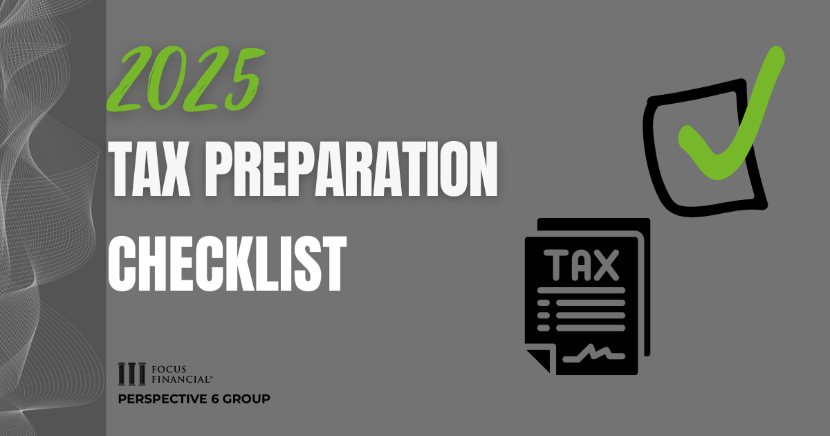 Cover image for 2025 Tax Preparation Checklist with gray background and a wave pattern graphic on the far left. Wording stating 2025 Tax Preparation Checklist with an image of a black paper that says tax on it and a black box with a green checkmark.