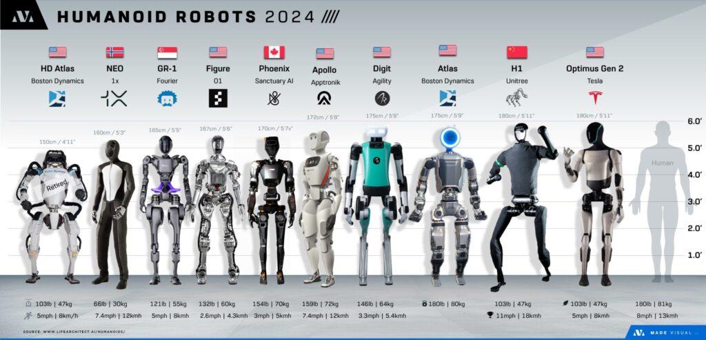 Graphic showing ten humanoid robots in 2024 standing next to each other. It charts their height, weight, company built by, and country.